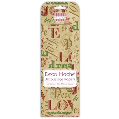 First Edition Deco Mache Decoupage Paper, Xmas Type, 3 Sheets