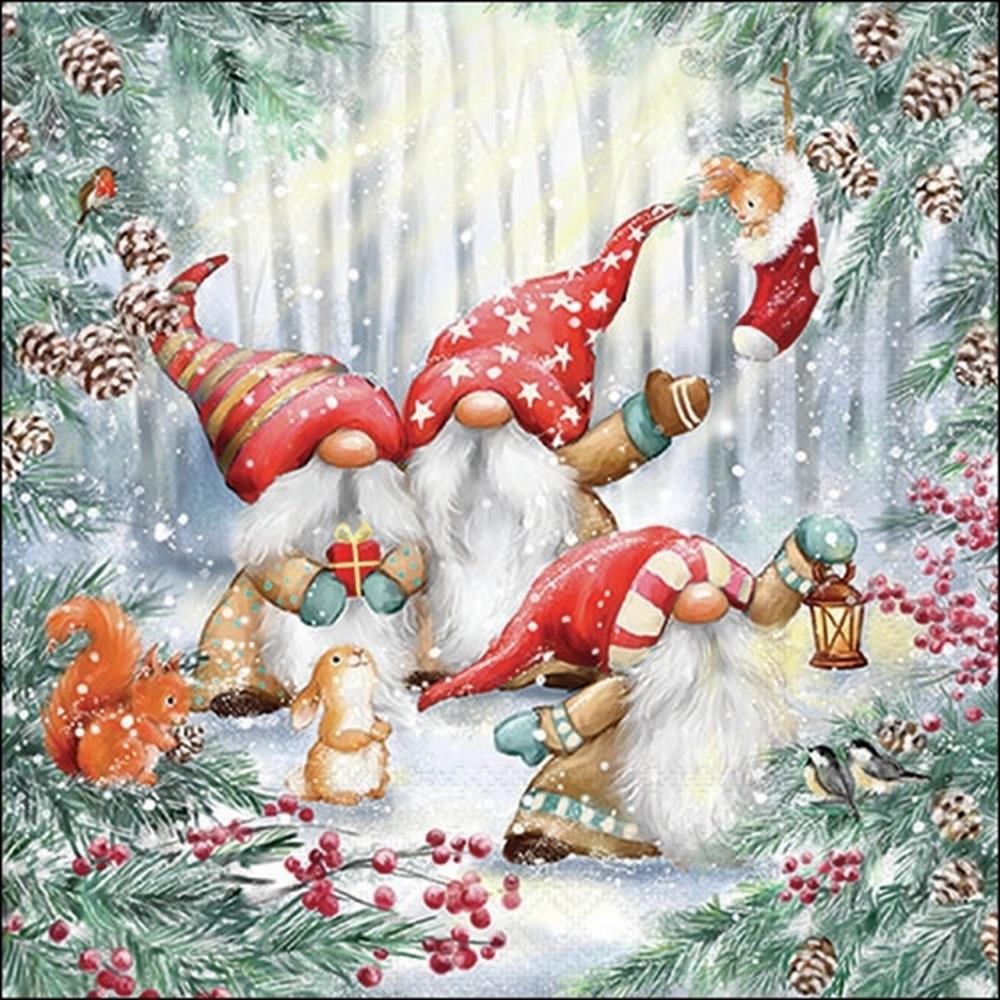 4 x Paper Napkins - Gnomes in Forest - Ideal for Decoupage / Napkin Art