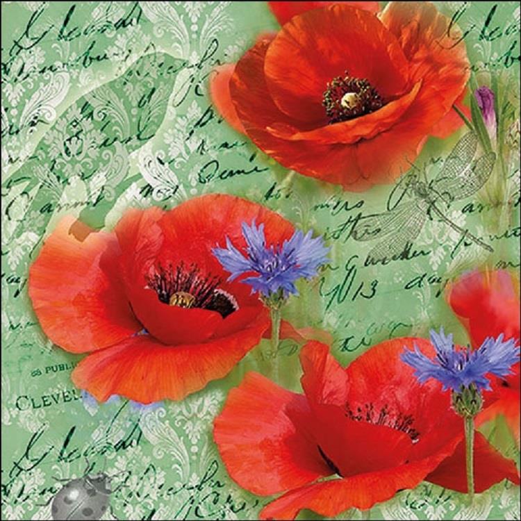 4 x Paper Napkins - Painted Poppy Green - Ideal for Decoupage / Napkin Art