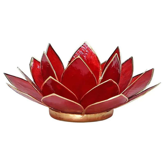 Atmospheric Lotus Shaped Capiz Shell Candle Holder - Red Root Chakra With Gold Trim