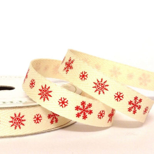 Three Kings Twill Ribbon Roll - 10mm x 4m - Snowflakes In Ivory