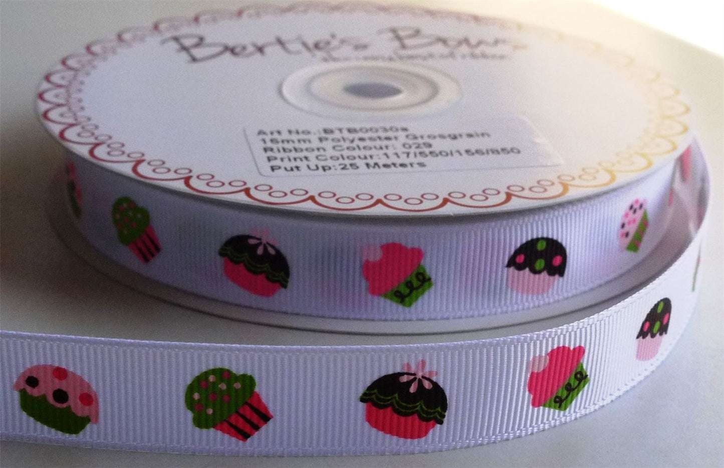 2m Of Bertie's Bows White Cupcake Sweet Treats 16mm Grosgrain Ribbon