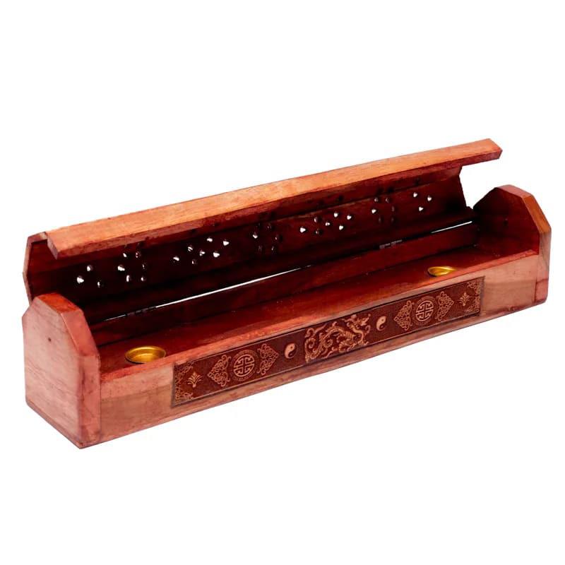 Engraved Wood Incense Holder Storage Box Dragon | 30cm x 5.5cm x 6.5cm