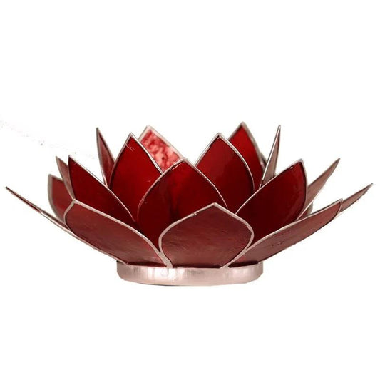 Atmospheric Lotus Shaped Capiz Shell Candle Holder - Red Root Chakra With Silver Trim