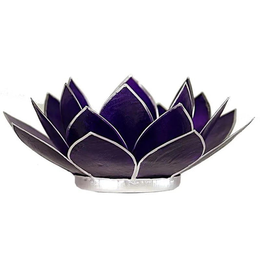 Atmospheric Lotus Shaped Capiz Shell Candle Holder - Violet Crown Chakra With Silver Trim