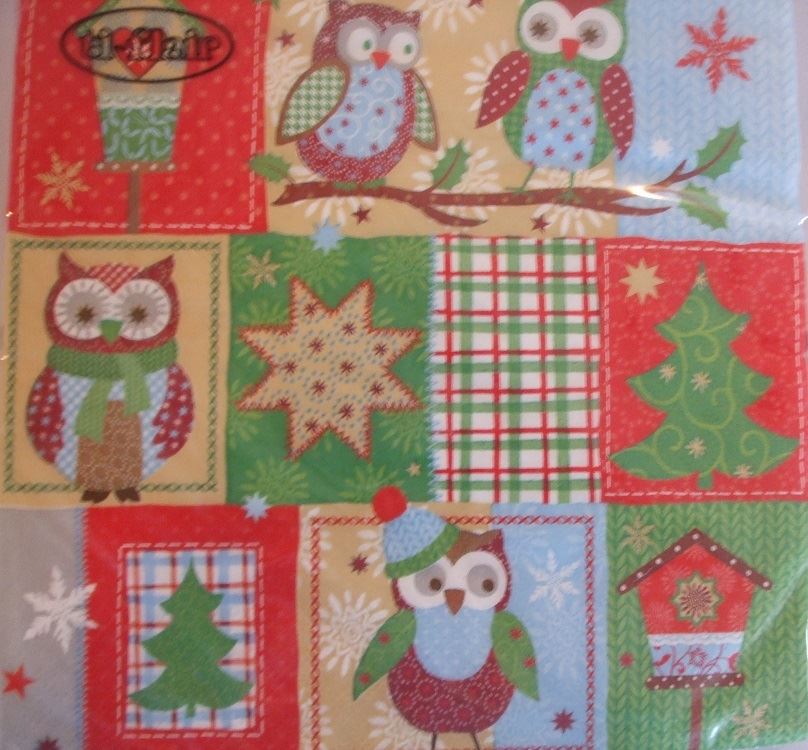 Pack of 4 Napkins - Owl Patchwork - 33 x 33cm - Great for Decoupage / Napkin Art