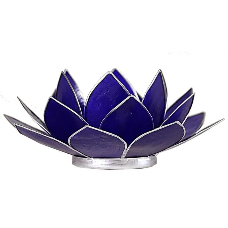 Atmospheric Lotus Shaped Capiz Shell Candle Holder - Indigo Third Eye Chakra With Silver Trim