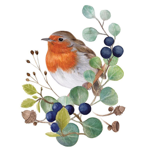 4 x Paper Napkins - Robin on Branch - Ideal for Decoupage / Napkin Art
