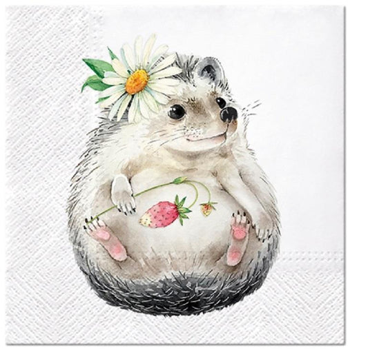 4 x Paper Napkins - Wild Strawberry Hedgehog - Ideal for Decoupage / Napkin Art