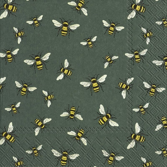 4 x Paper Napkins - Lovely Bees on Green  - Ideal for Decoupage / Napkin Art