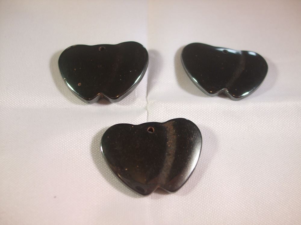 Pack of 3 Hematite Pendants - Double Hearts - 25mm x 18mm