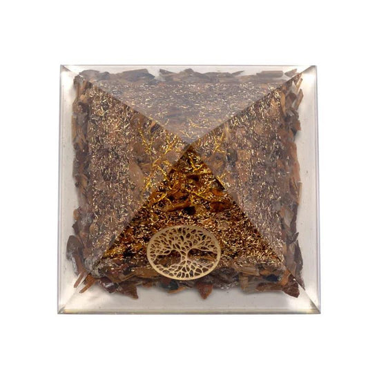 Tiger Eye Pyramid With Tree of Life - 7cm x 7cm x 6cm