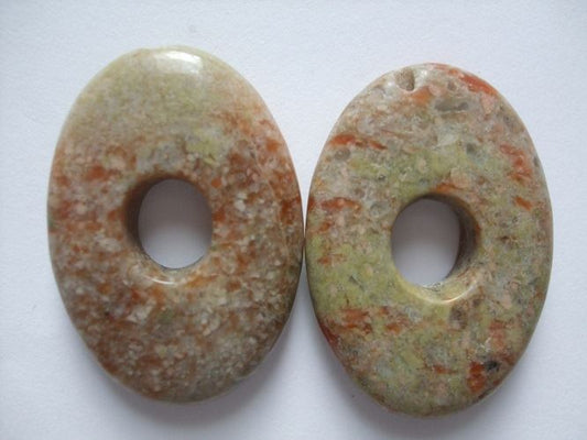 2 Unakite Gemstone Pendants with a centre hole