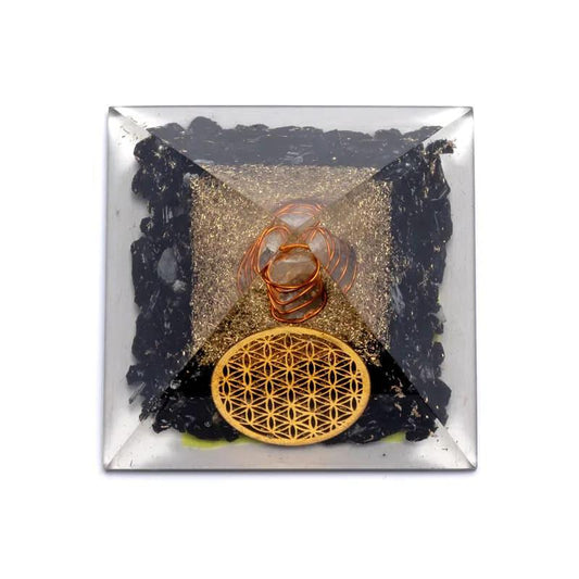 Black Tourmaline Crystal Point Pyramid With Flower of Life - 7cm x 7cm x 6cm