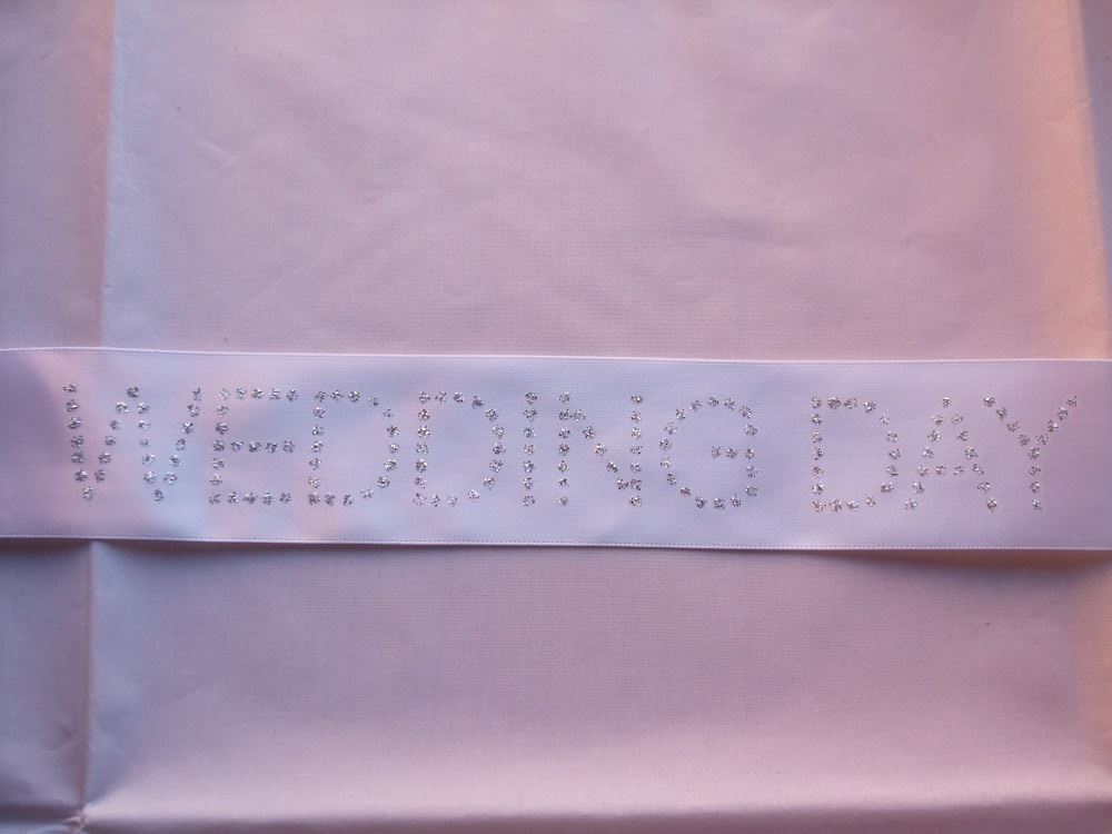 1m of Club Green "Wedding Day" Ribbon - White With Diamante Silver Writing - 40mm Wide