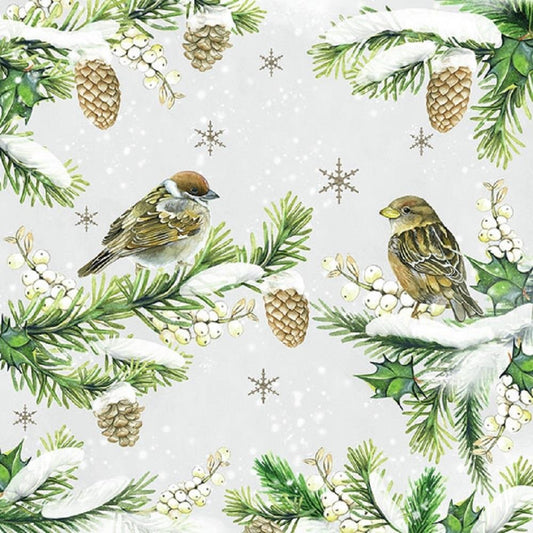 Ambiente Pack of 20 Paper Napkins / Serviettes - Sparrows in Snow - 33cm x 33cm - 3 Ply