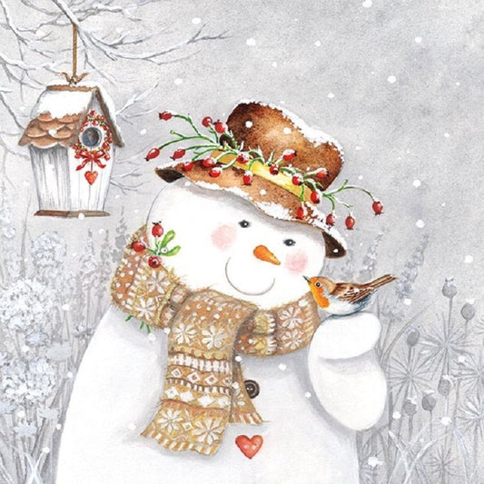 4 x Paper Napkins - Snowman & Robin - Ideal for Decoupage / Napkin Art