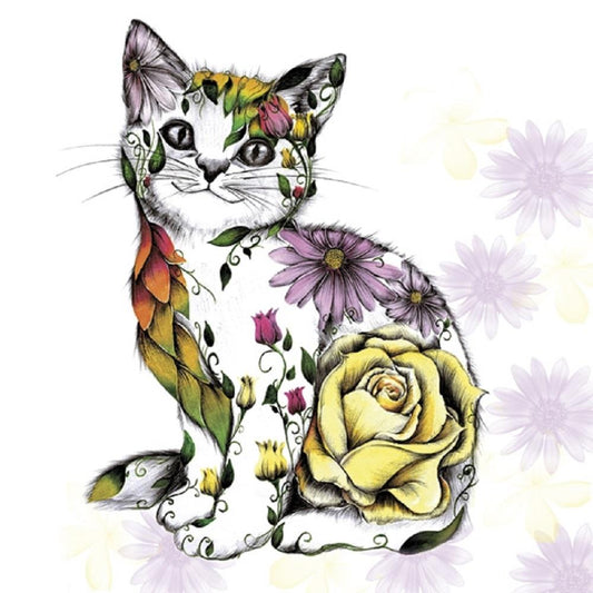 4 x Paper Napkins - Floral Kitty - Ideal for Decoupage / Napkin Art