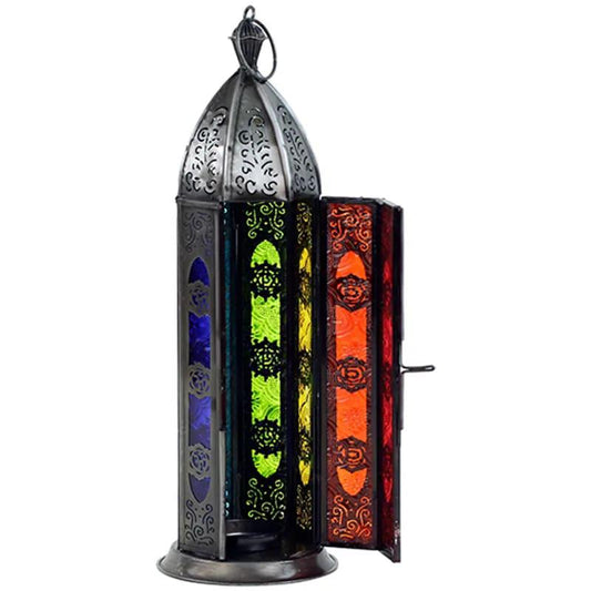 Atmospheric Silver Oriental Lantern for Tea Lights and Votive Candles | 7 Chakras Design | 30cm x 8.5cm