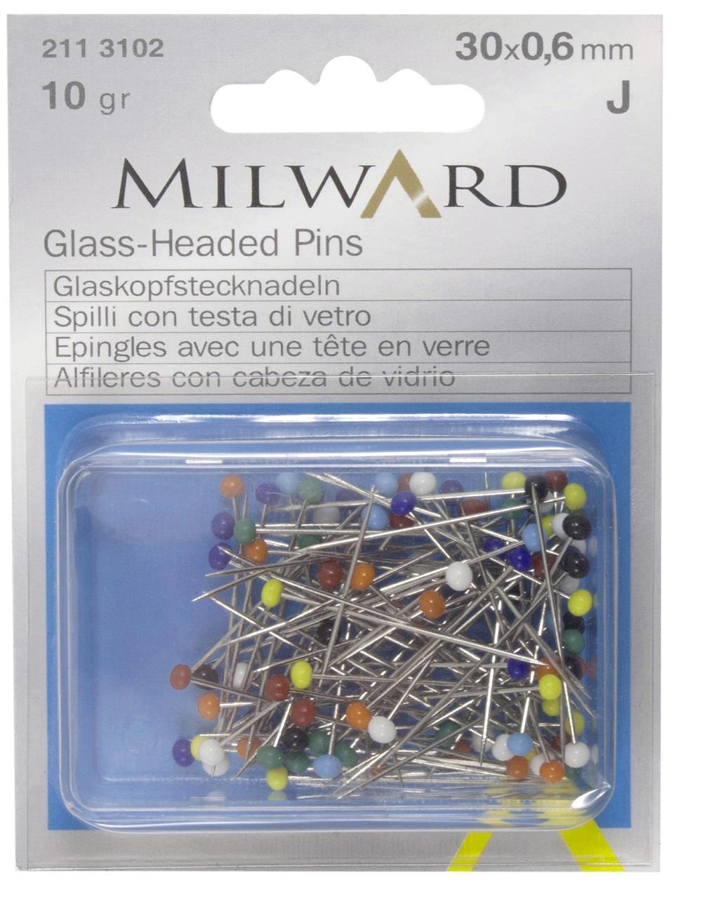 Milward Glass Headed Pins. Assorted colours. 0.60mm 10g