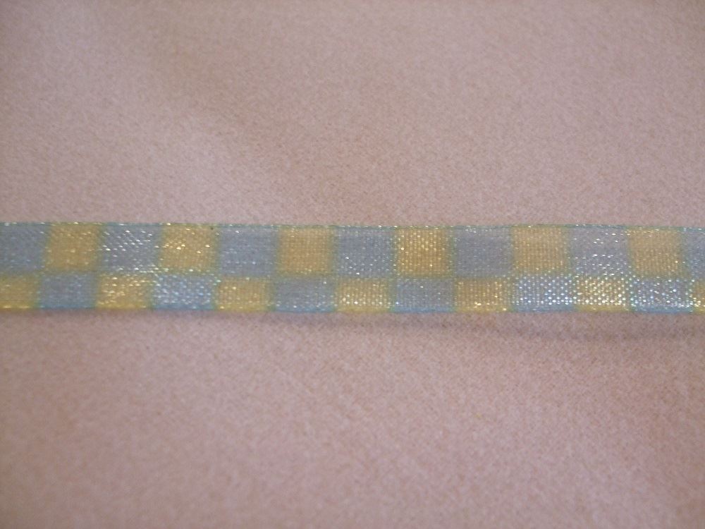 1 Metre of May Arts Sheer Organza Ribbon - Blue & Yellow Squares - 1/4" (6mm)