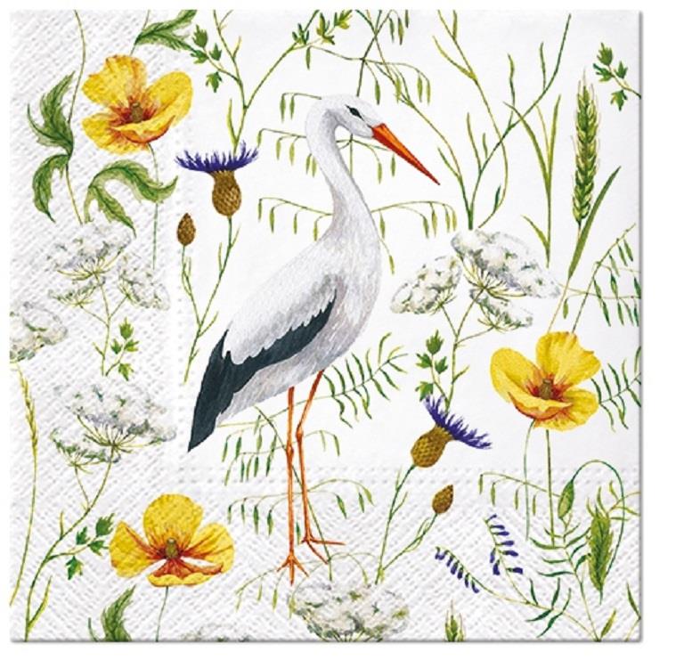 4 x Paper Napkins - Stork in Grass - Ideal for Decoupage / Napkin Art