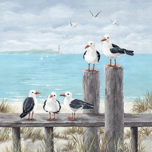 4 x Paper Napkins -Seagulls on the Dock - Ideal for Decoupage / Napkin Art