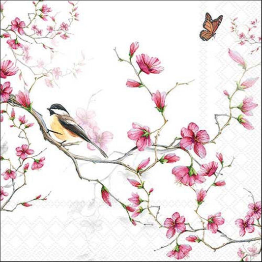 4 x Paper Napkins - Bird & Blossom White - Ideal for Decoupage / Napkin Art
