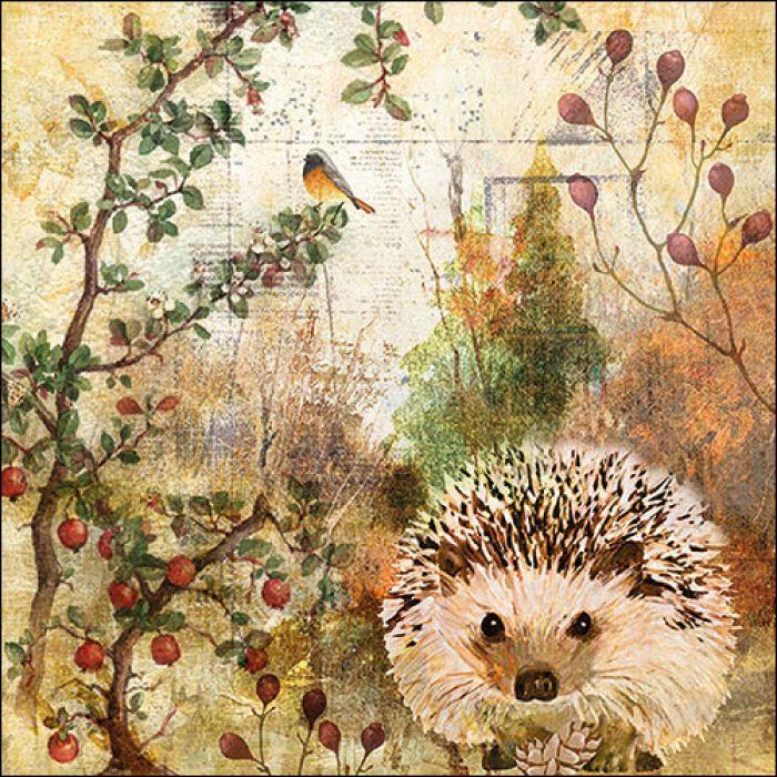 4 x Paper Napkins - Autumn Hedgehog- Ideal for Decoupage / Napkin Art