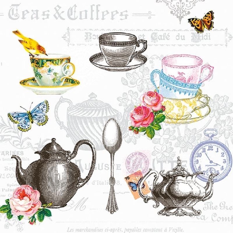 4 x Paper Napkins - Tea Time White  - Ideal for Decoupage / Napkin Art