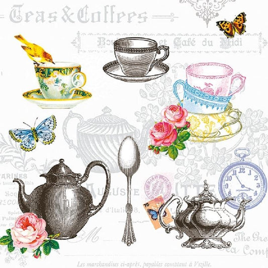 4 x Paper Napkins - Tea Time White  - Ideal for Decoupage / Napkin Art