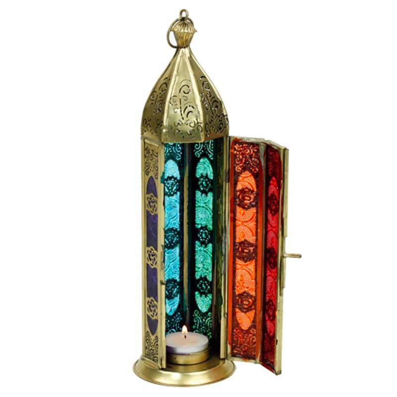 Atmospheric Gold Oriental Lantern for Tea Lights and Votive Candles | 7 Chakras Design | 30cm x 8.5cm