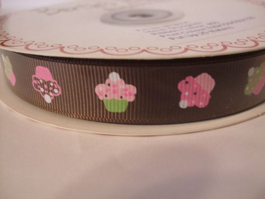 2m Of Bertie's Bows Brown Cupcake Sweet Treats 16mm Grosgrain Ribbon