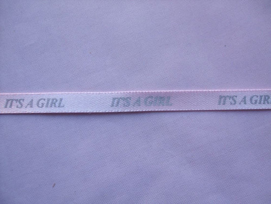 2 Metres of Club Green "It's A Girl" Ribbon - Pink With Silver Writing - 6mm Wide