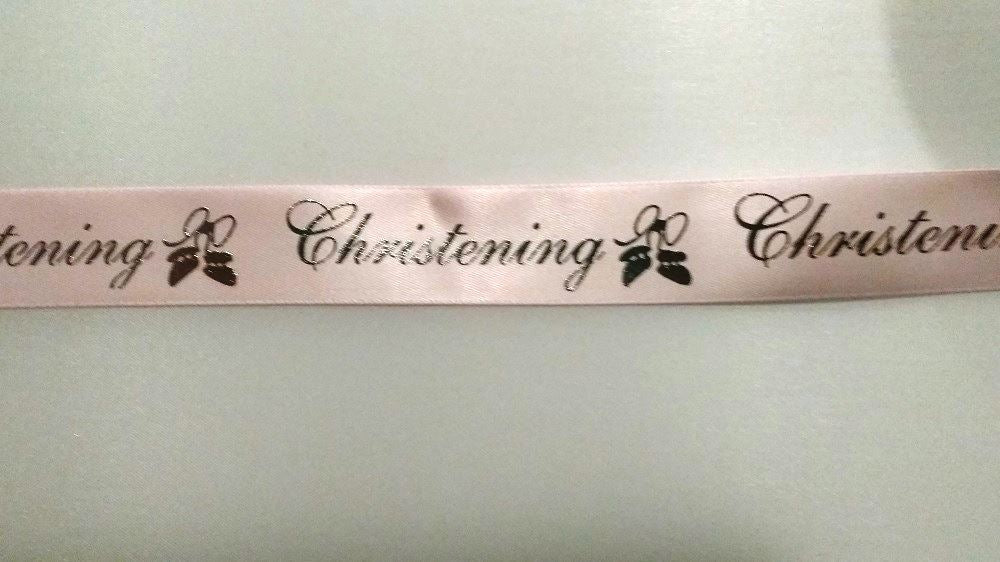 2 Metres of Club Green "Christening" Ribbon - Pink With Silver Writing - 20mm Wide