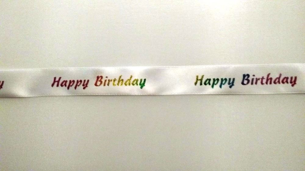 2 Metres of Club Green "Happy Birthday" Ribbon - White With Multicoloured Writing - 23mm Wide