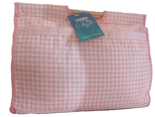 Pink Gingham Knitting / Crochet / Craft Bag with Wooden Handles