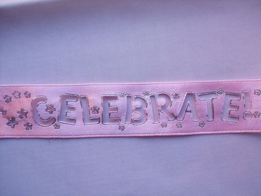 1m of Club Green "Celebrate Stencil" Ribbon - Pink/Silver - 25mm Wide